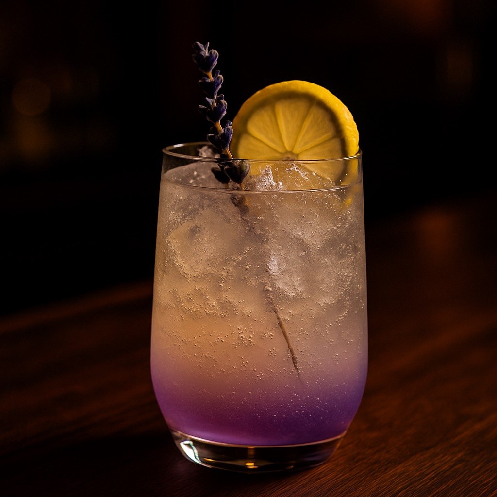 Lavender Citrus Spritz mocktail in a short tumbler over ice with a pale golden body, soft lavender hue, lemon wheel, and lavender sprig on a dark moody bar backdrop