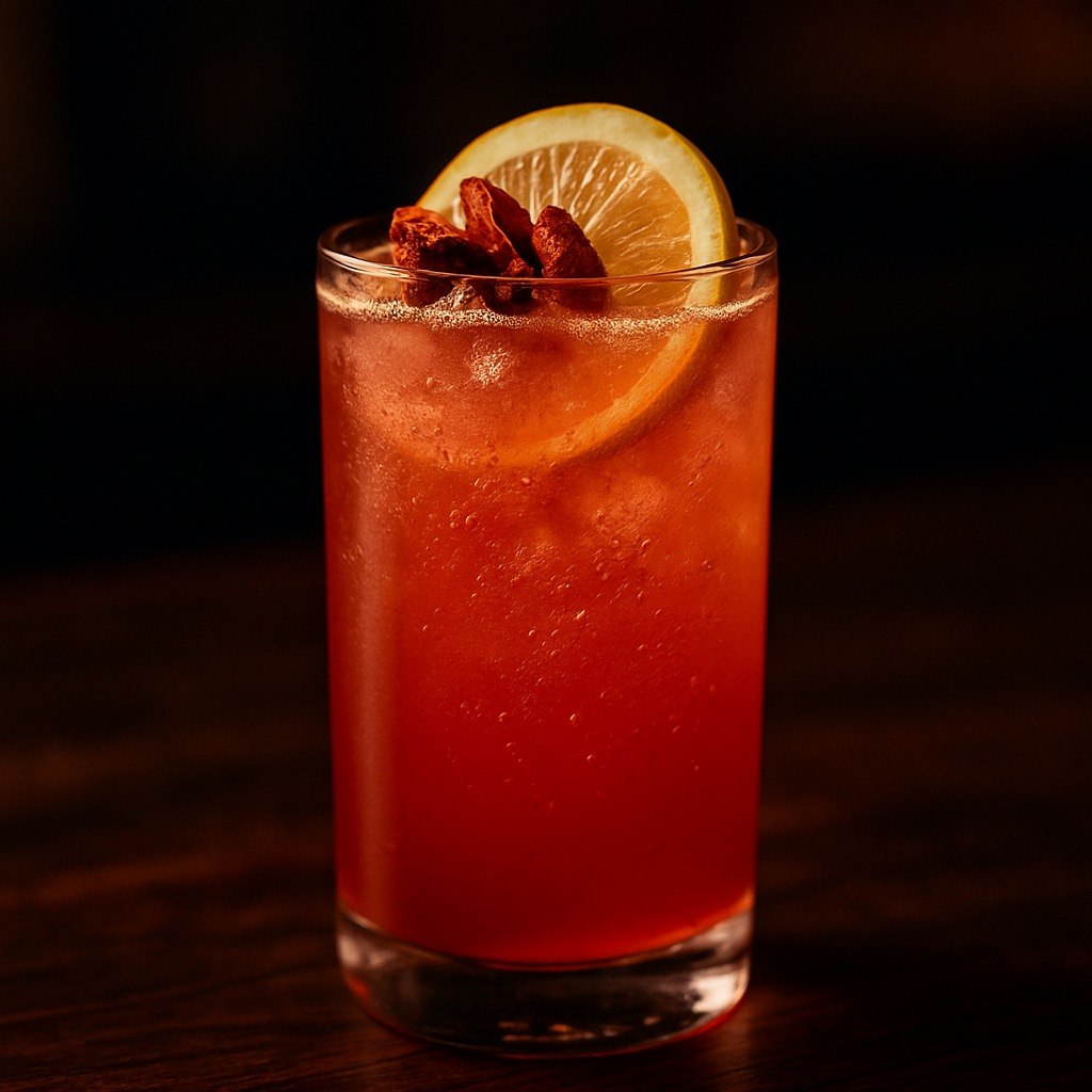 Gogi Berry Breeze mocktail in a tall clear glass over ice with vivid ruby-red color, lemon wheel garnish, and dried berries on a dark moody bar backdrop
