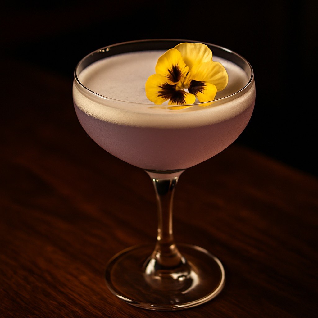 Celestial Bloom cocktail in a coupe glass with a pale lavender hue, smooth foamy top, and yellow edible flower garnish on a dark moody bar backdrop