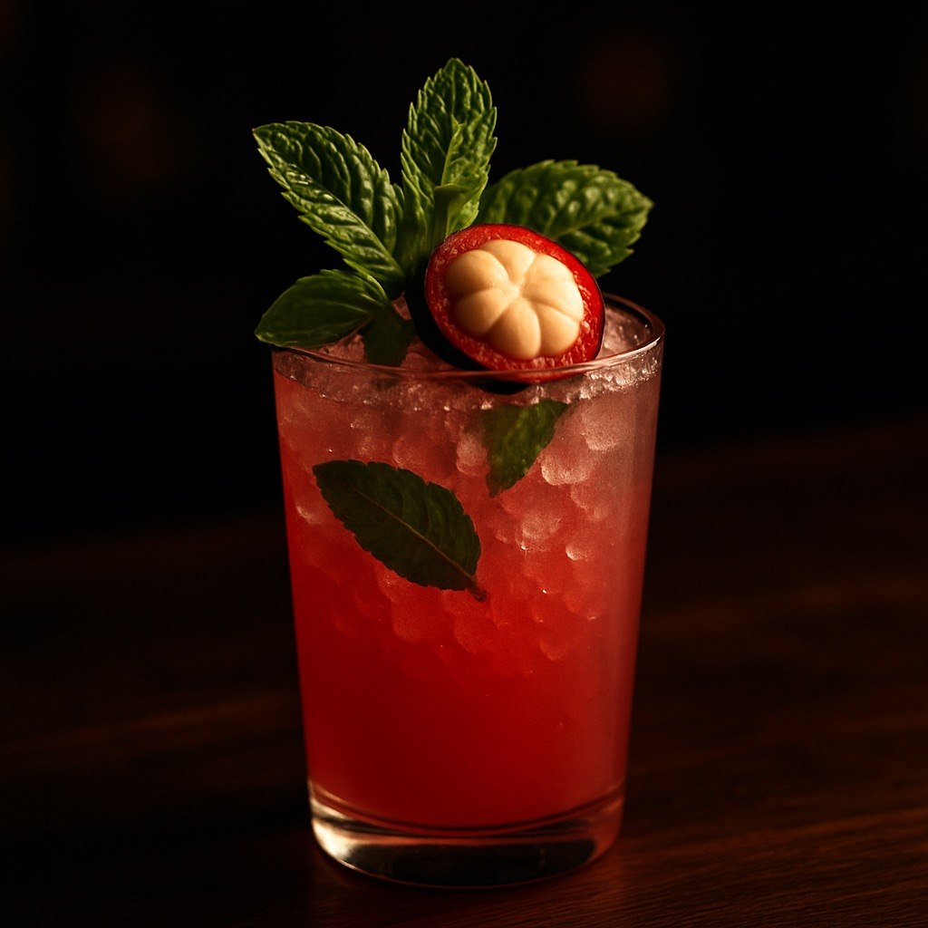 Mangosteen Mint Fizz mocktail in a short rocks glass over crushed ice with vivid pink-red color, fresh mint sprig, and halved mangosteen garnish on a dark moody bar backdrop
