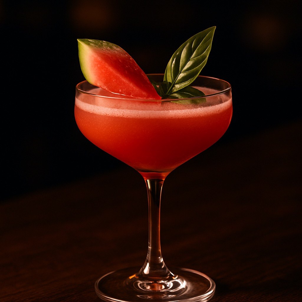 Watermelon Basil Martini in a coupe glass with bright pink-red color, fresh basil garnish, and a small watermelon wedge on a dark moody background