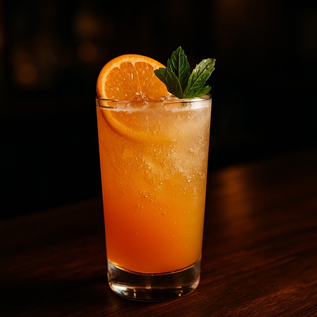 Sunrise Sparkler kombucha mocktail in a tall glass over ice with bright orange color, bubbles, an orange wheel, fresh mint garnish, and a dark wooden bar background