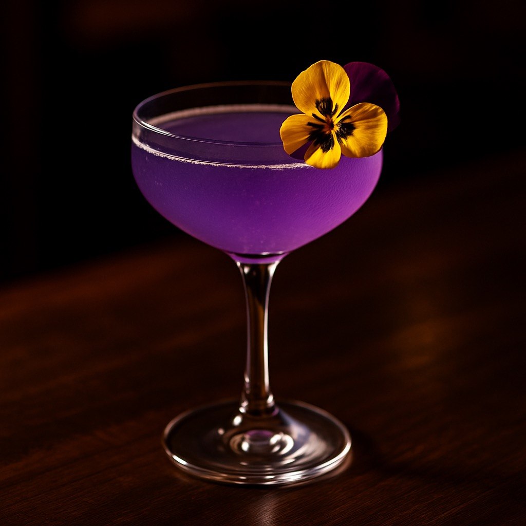 Midnight Orchid purple gin cocktail in a coupe glass with an edible flower garnish on a dark moody background
