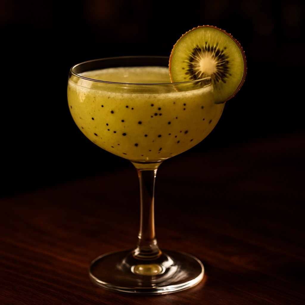 Kiwi Sunrise cocktail in a coupe glass with pale green kiwi puree, visible black kiwi seeds, and a fresh kiwi wheel garnish on a dark moody bar backdrop