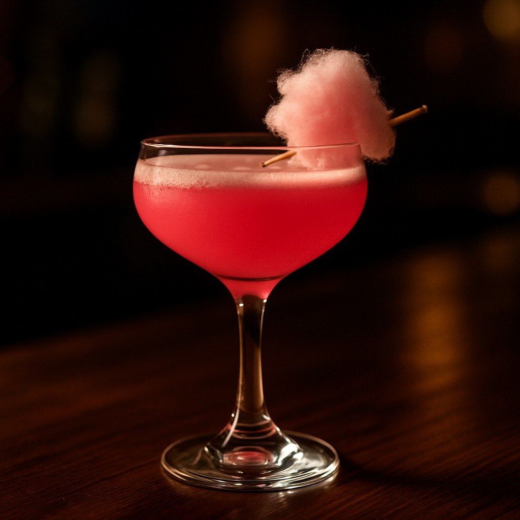 Cotton Candy Sunburst cocktail in a coupe glass with bright pink color, soft foamy top, cotton candy garnish on the rim, and a dark moody bar backdrop