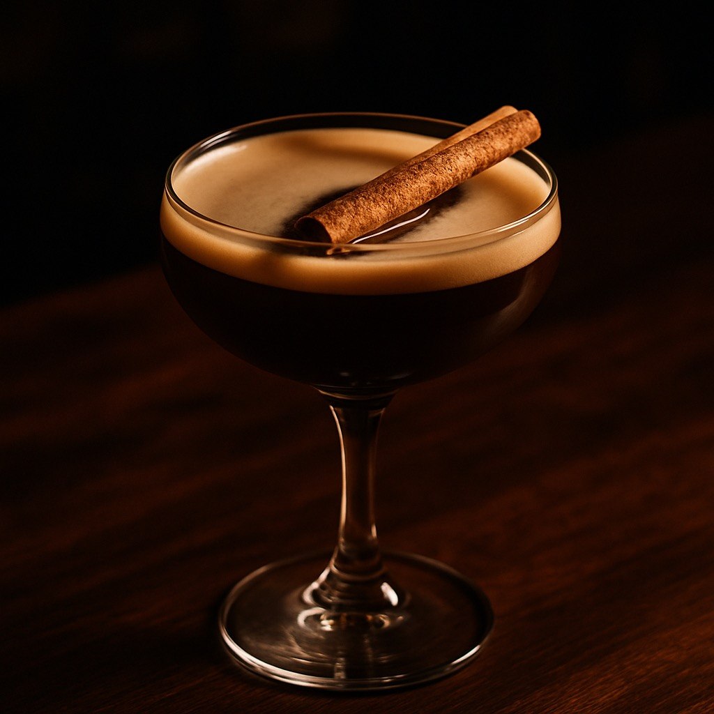 Midnight Obsidian cocktail in a coupe glass with deep dark brown color, smooth tan foam, and cinnamon stick garnish on a moody bar backdrop