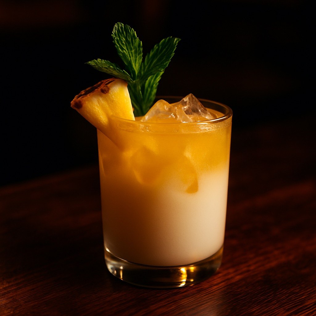 Tropical Dawn pineapple coconut kava mocktail in a rocks glass with creamy yellow-orange layers, ice, pineapple wedge, mint garnish, and a dark tropical bar background
