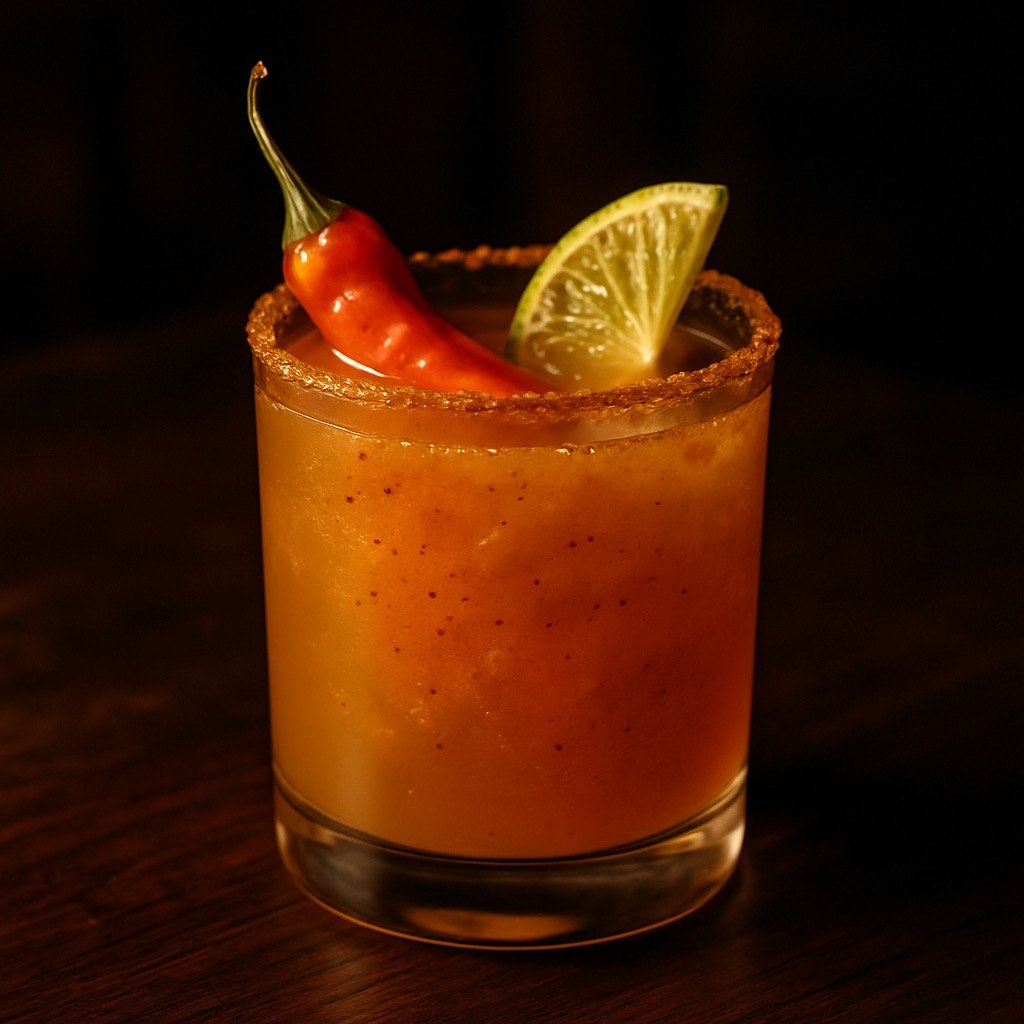 Mango Kava Spice mocktail in a rocks glass over ice with a spicy rim, red chili garnish, lime wedge, and vivid orange mango color on a dark wooden bar