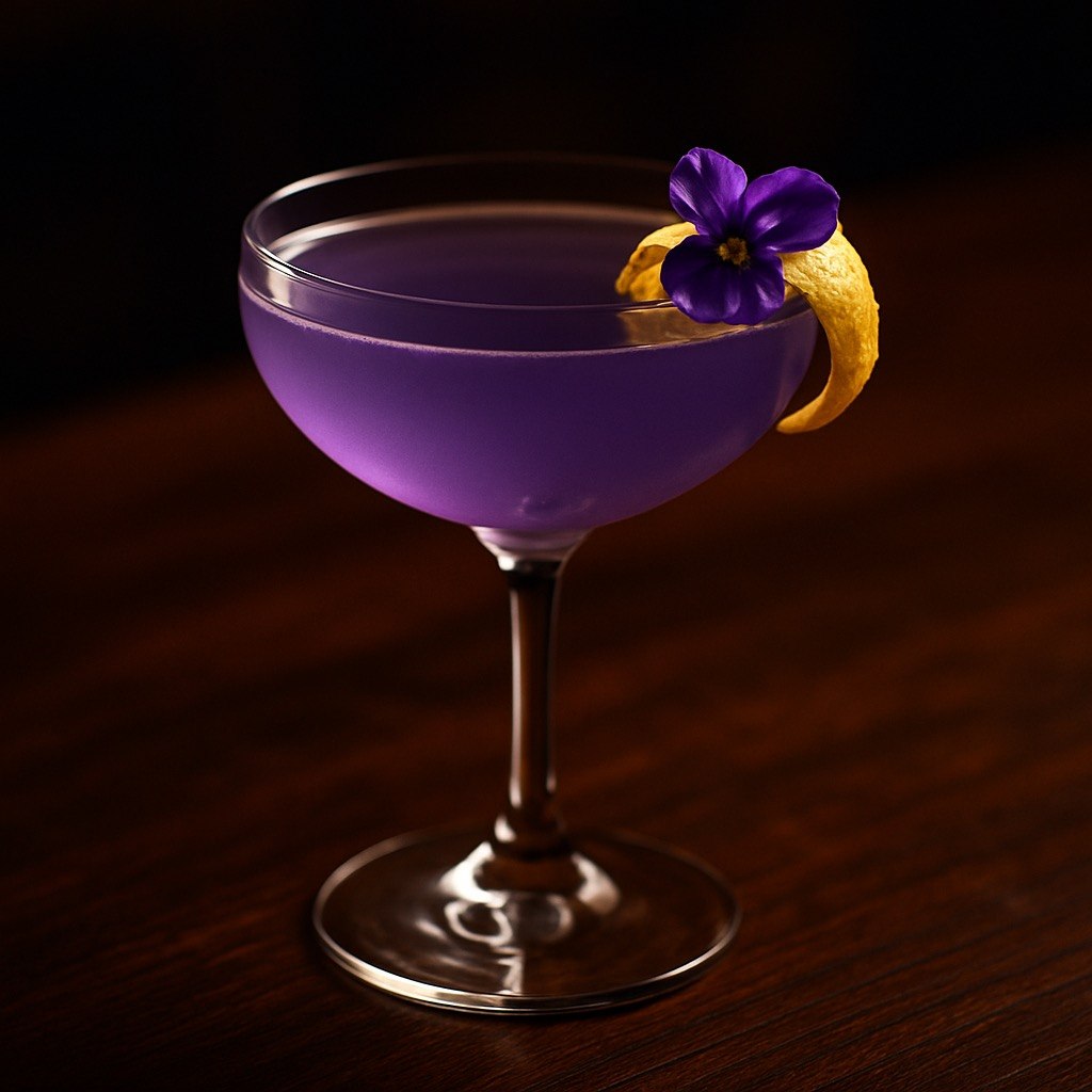 Midnight Garden Elixir cocktail in a coupe glass with a deep violet-purple hue, lemon twist, and small purple flower garnish on a dark moody bar backdrop