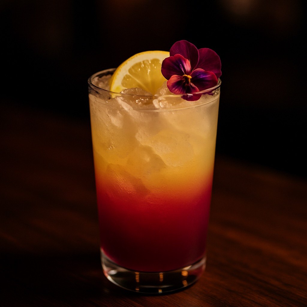 Vibrant Acai Sunburst mocktail in a tall glass over crushed ice with deep magenta-to-golden layered color, lemon wheel garnish, and a purple edible flower on a dark moody bar backdrop