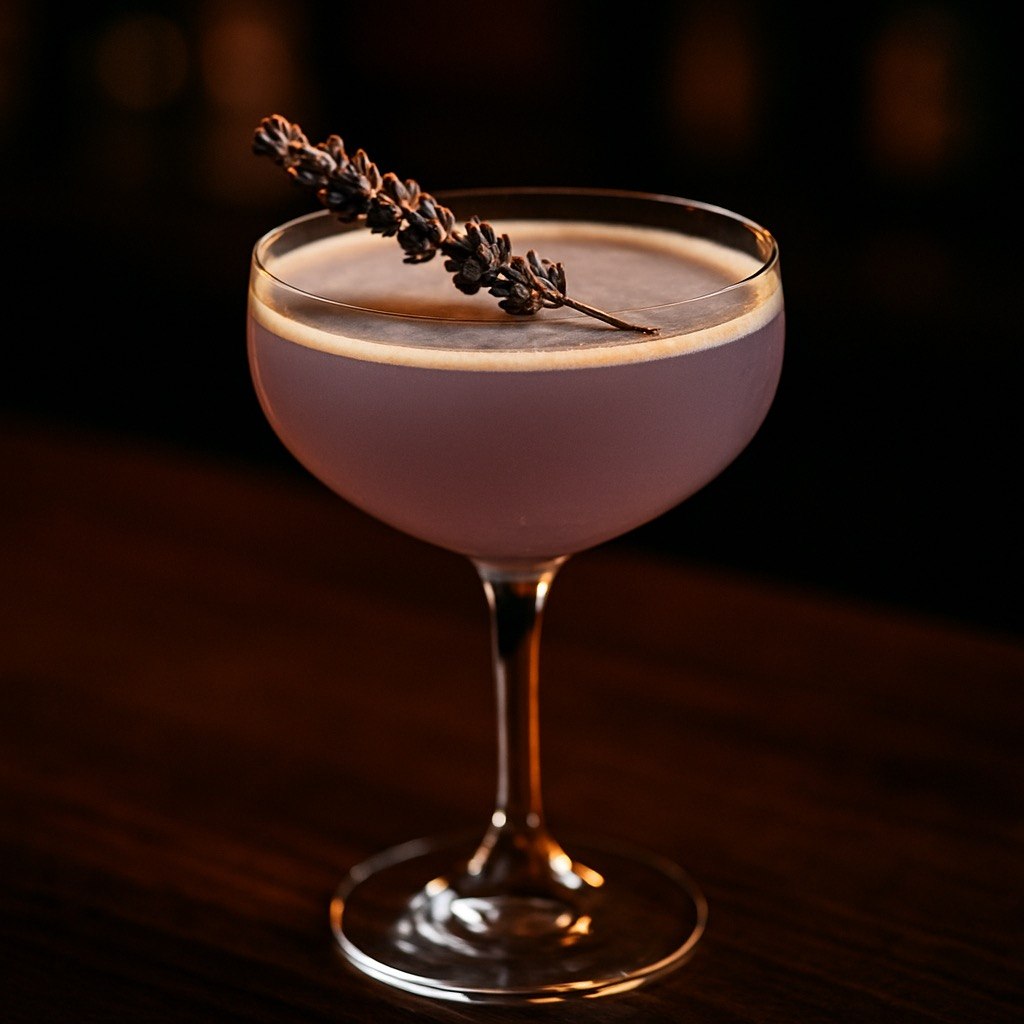 Lavender Eclipse cocktail in a coupe glass with a pale purple hue, silky surface, and lavender sprig garnish on a dark moody bar backdrop