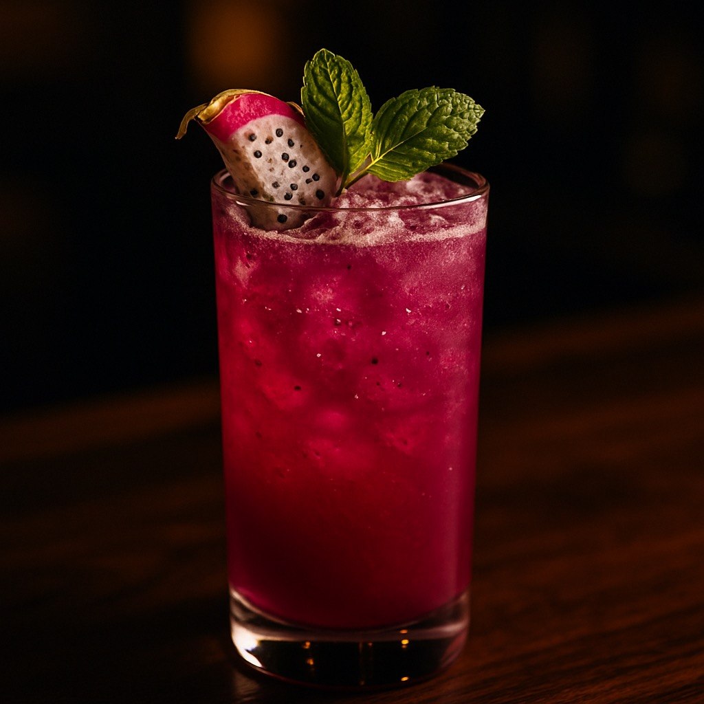 Sunlit Dragon Bloom mocktail in a tall clear glass over ice with vivid magenta dragon fruit color, a dragon fruit wedge, fresh mint garnish, and a dark moody bar backdrop