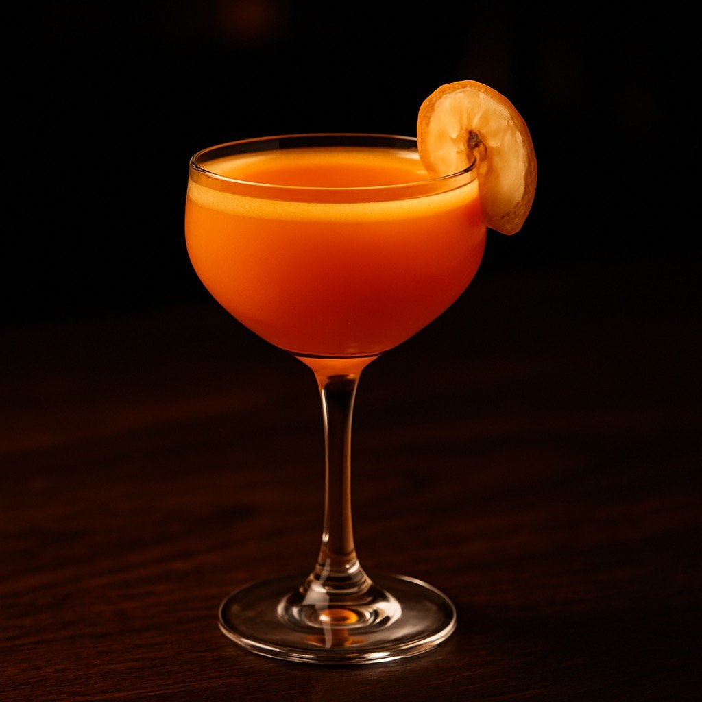 Sunburst Harvest orange tequila cocktail in a coupe glass with a smooth frothy surface and dried citrus wheel garnish on a dark wooden bar