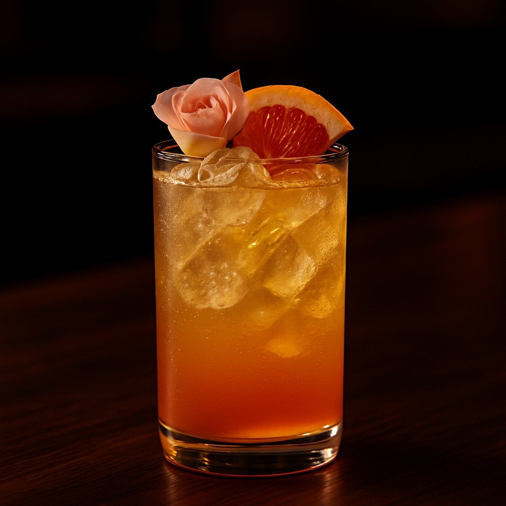 Sunset Blossom mocktail in a tall ice-filled glass with pink grapefruit tones, an edible flower garnish, and grapefruit wedge on a dark moody background