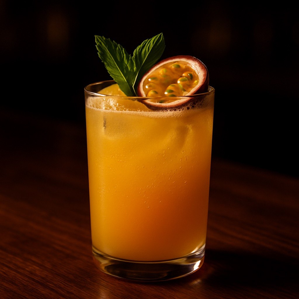 Tropical Fizz passion fruit kombucha mocktail in a short glass with golden orange juice, bubbles, halved passion fruit, fresh green herb garnish, and a dark moody bar background