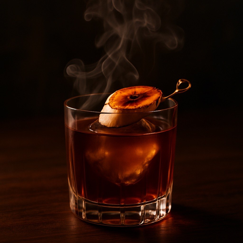 Smoky Banoffee Old Fashioned in a rocks glass over a large clear ice cube with a charred banana slice garnish and rising smoke on a dark moody bar backdrop