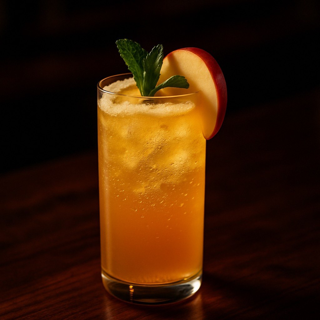 Crisp Apple Breeze sparkling apple mocktail in a tall glass over ice with golden apple juice, bubbles, a red apple slice, fresh mint garnish, and a dark moody bar background