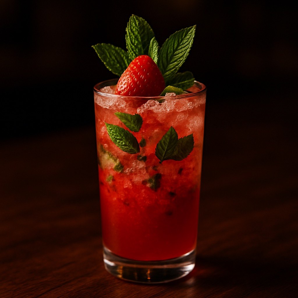 Strawberry Mint Sparkle mocktail in a tall clear glass over crushed ice with bright red strawberry color, fresh mint garnish, and a whole strawberry on a dark moody bar backdrop