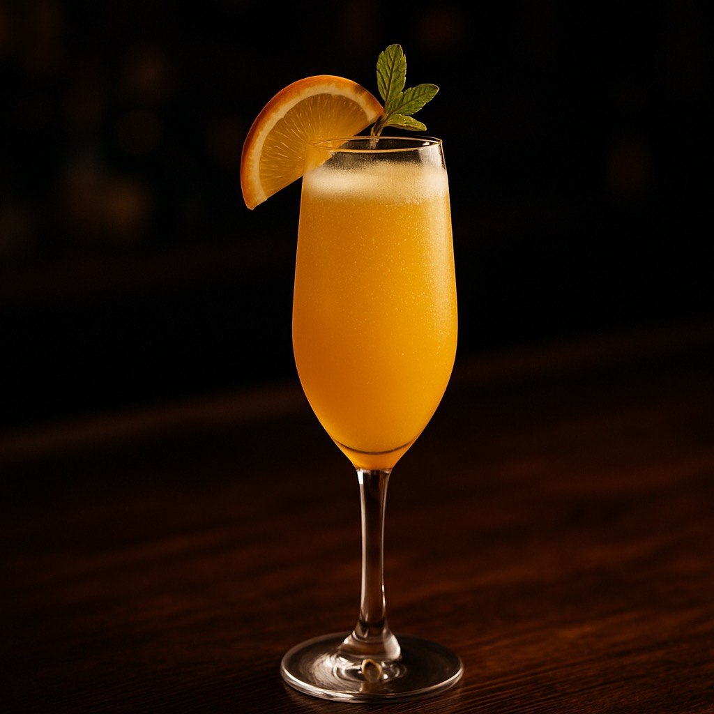 Golden-orange Mango Sunrise Spritz in a tall flute glass with bubbles, an orange wheel, and mint garnish on a dark wooden bar.