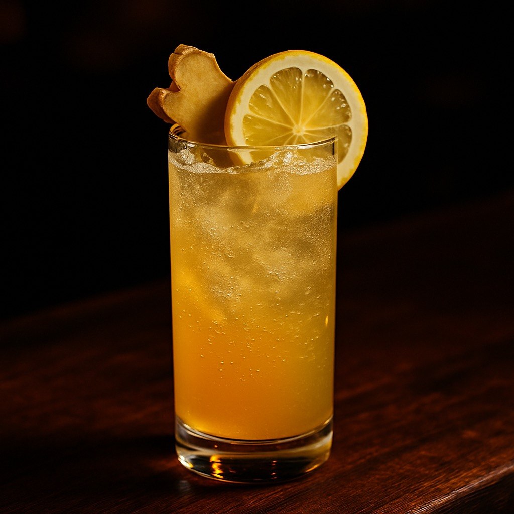 Ginger Spritz Delight mocktail in a tall highball glass with a golden hue, ice, lemon wheel, and fresh ginger garnish on a dark moody bar backdrop