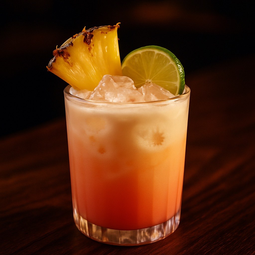 Guava Sunrise mocktail in a rocks glass with a pink-to-peach gradient, crushed ice, pineapple wedge, and lime wheel garnish on a dark moody bar backdrop