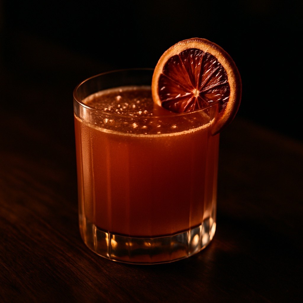 Velvet Ember cocktail in a short rocks glass with a deep amber-red color and a blood orange wheel garnish on a dark moody bar backdrop