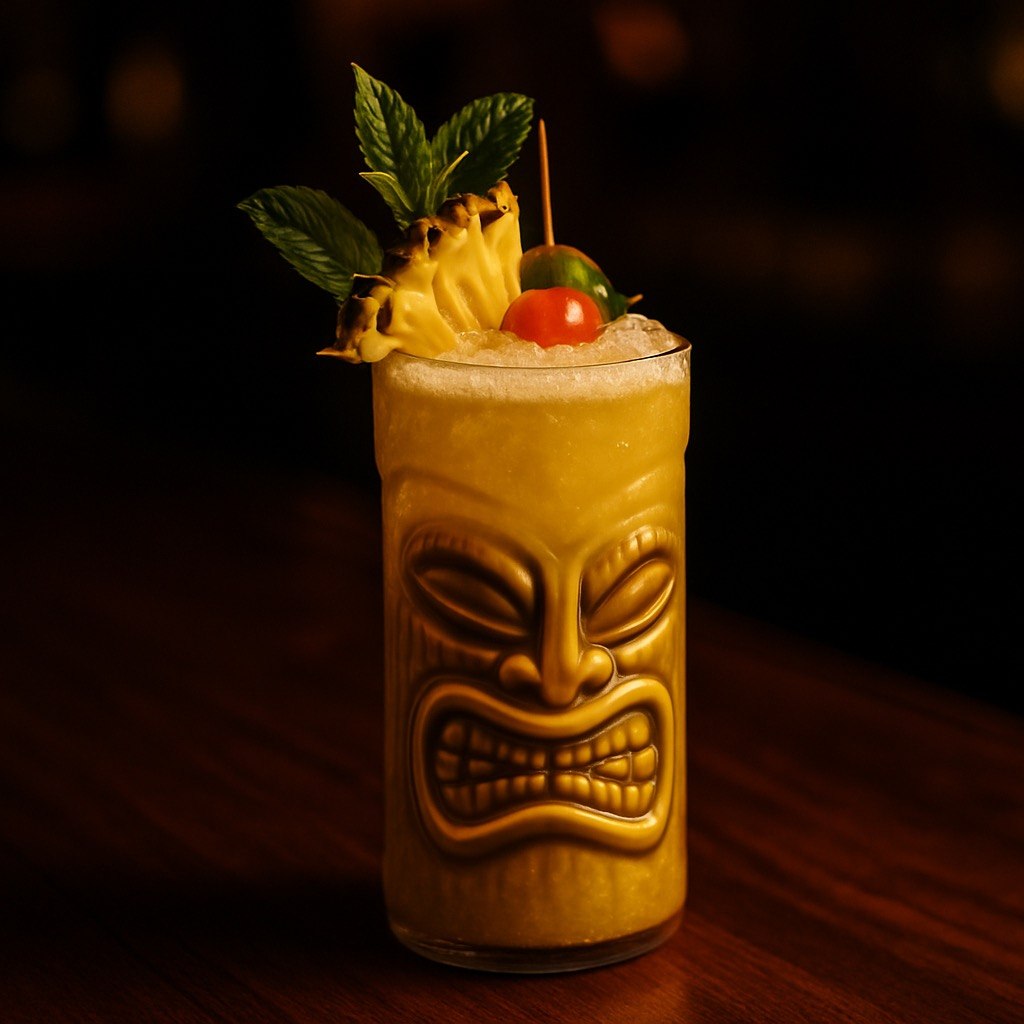 Tiki Sunset Mocktail in a carved tiki mug with golden pineapple color, light frothy top, pineapple wedge, mint garnish, and cherry accent on a dark moody bar backdrop