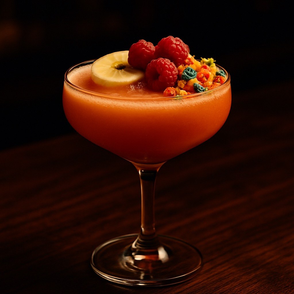Fruity Pebbles Sunrise peachy pink-orange rum cocktail in a coupe glass with raspberries, banana slice, and Fruity Pebbles garnish on a dark moody background
