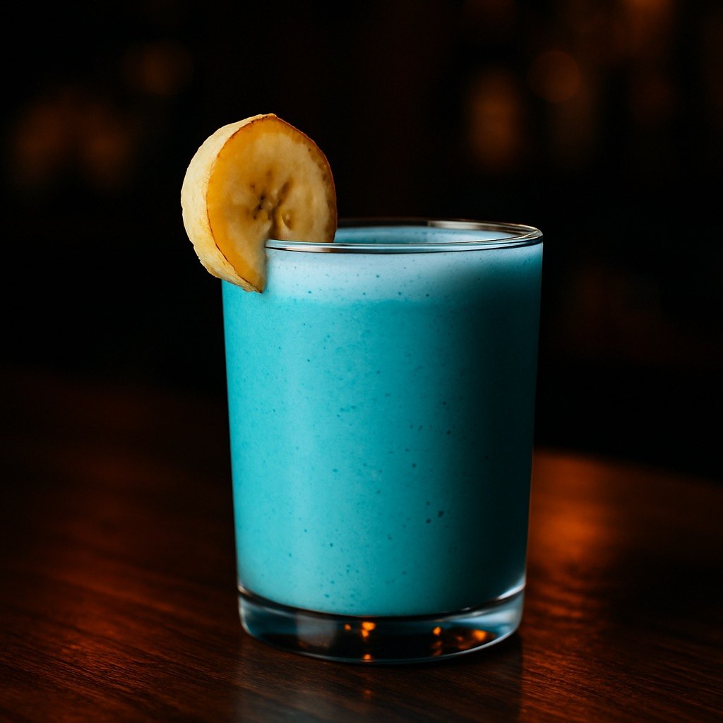 Bright turquoise Blue Sunrise Delight mocktail in a short rocks glass with frothy texture and a banana slice garnish on a dark wooden bar.