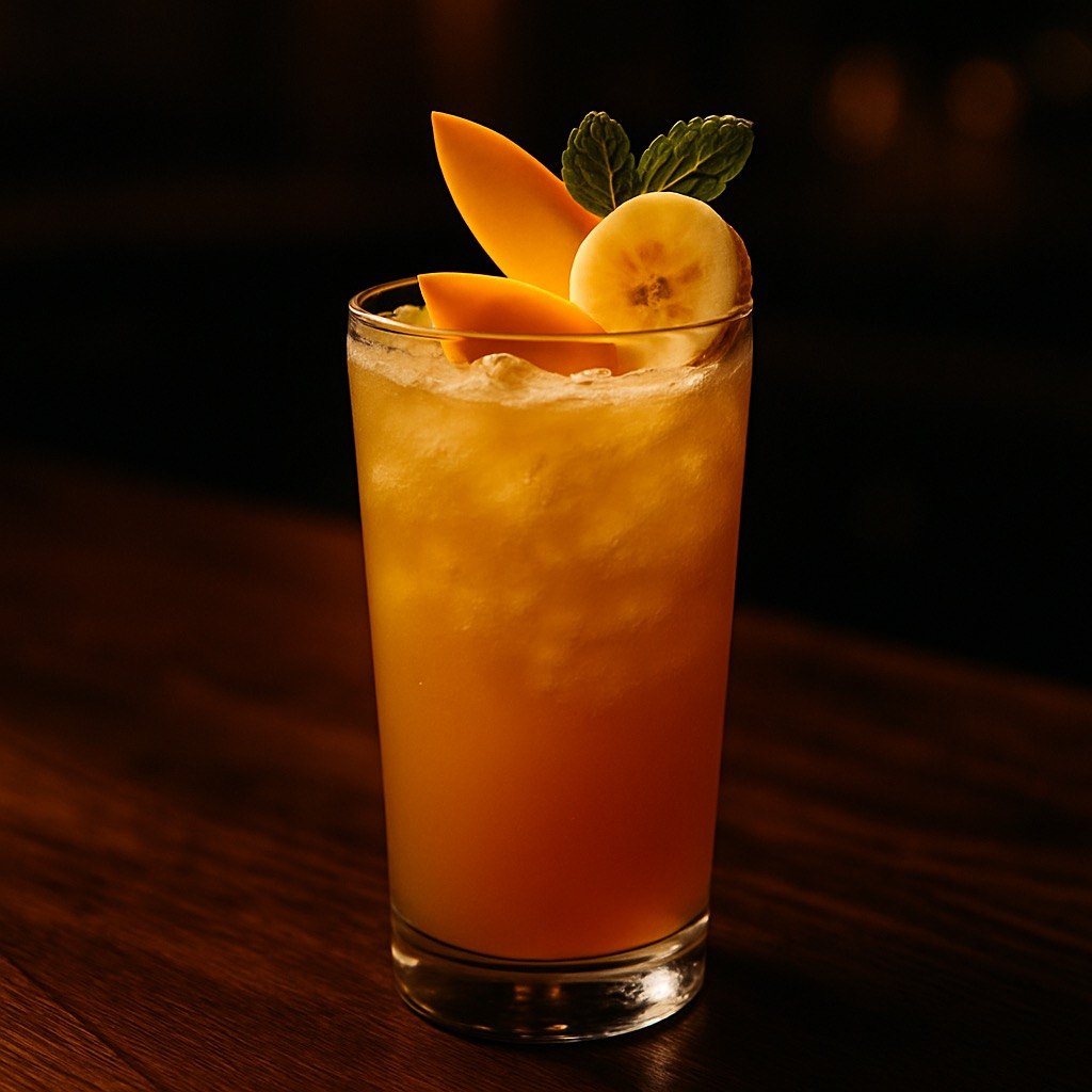 Tropical Dawn Cooler mocktail in a tall highball glass over ice with golden orange color, mango slices, banana slice, and fresh mint on a dark moody bar backdrop