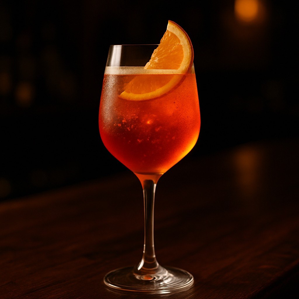 Sunrise Aperol Spritz in a stemmed wine glass with a vivid orange hue and citrus garnish against a dark moody bar background