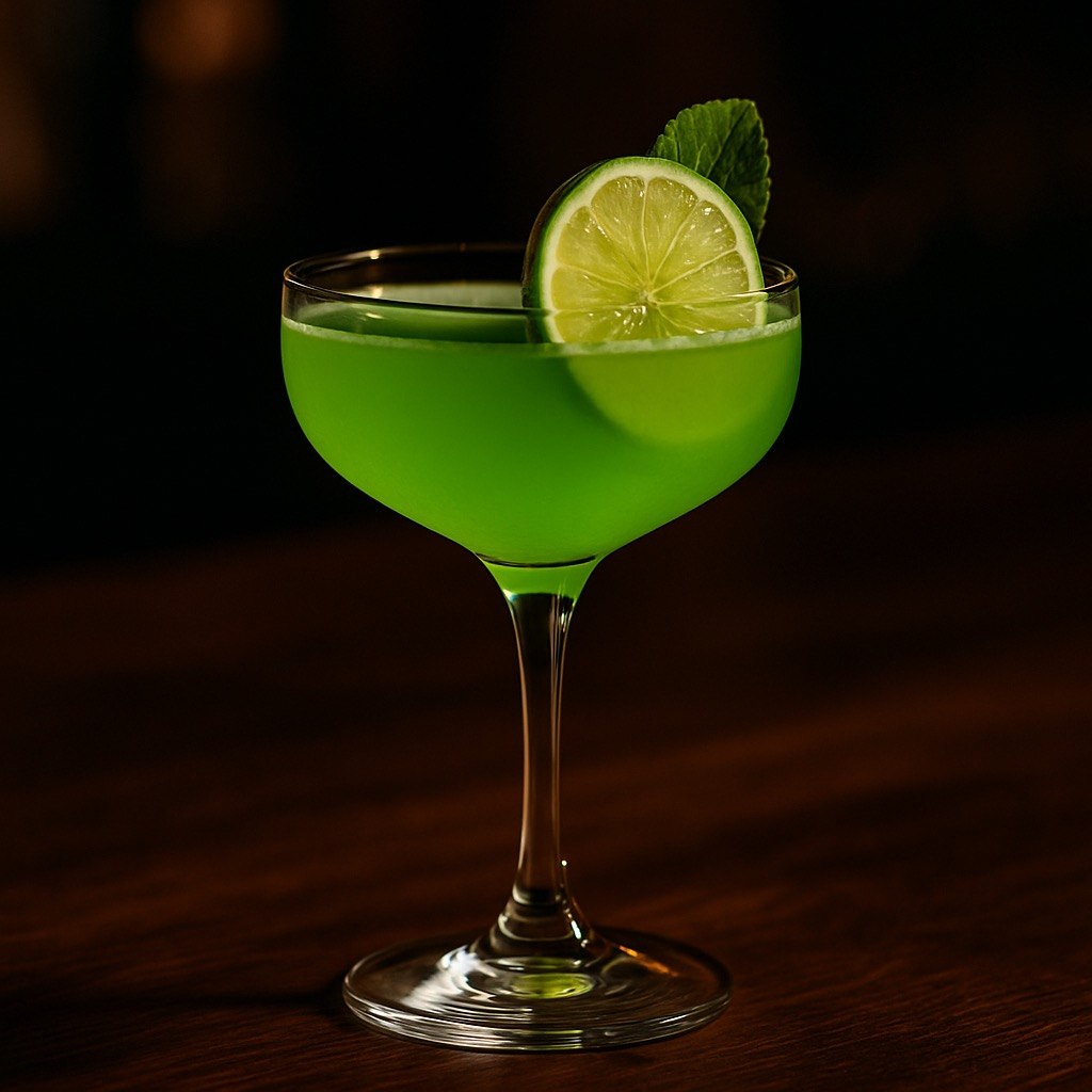 Luminous Green Martini in a coupe glass with a vivid neon-green body, lime wheel garnish, and a small green leaf on a dark moody bar backdrop