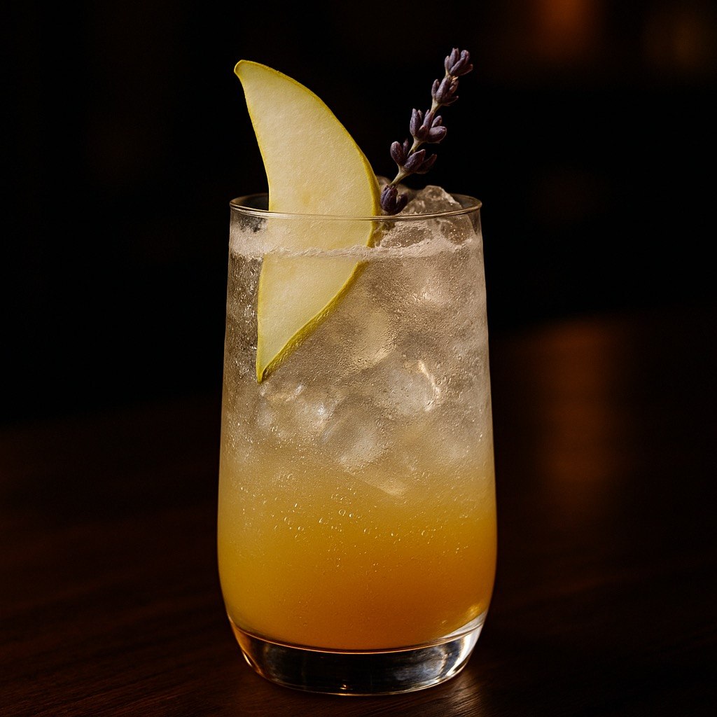 Golden pear lavender mocktail over ice in a tall glass garnished with a pear slice and lavender sprig against a dark bar background.