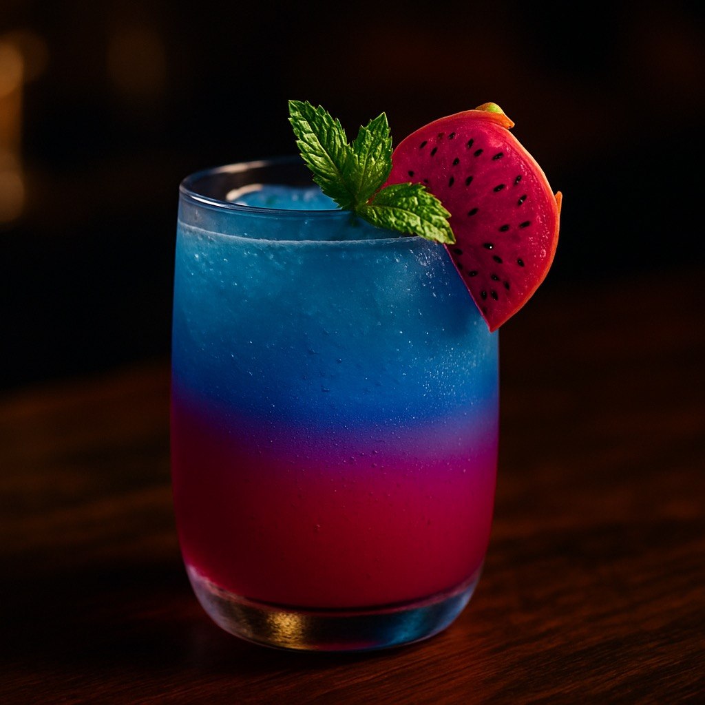 Azure Bloom Mocktail in a rounded rocks glass with blue and magenta layers, a dragon fruit slice, and fresh mint on a dark wooden bar.