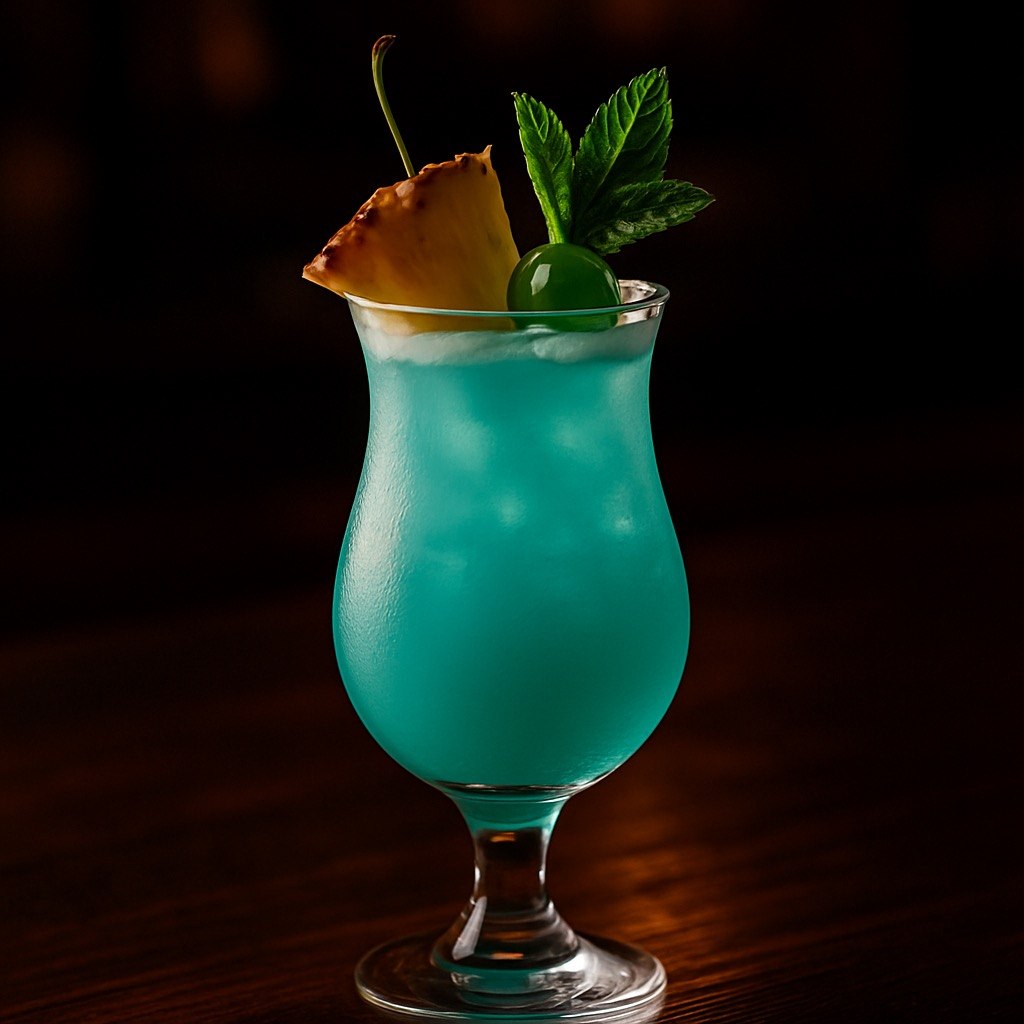 Azure Sunrise Reef blue coconut rum cocktail in a hurricane glass over ice with a pineapple wedge green cherry and mint garnish on a dark bar