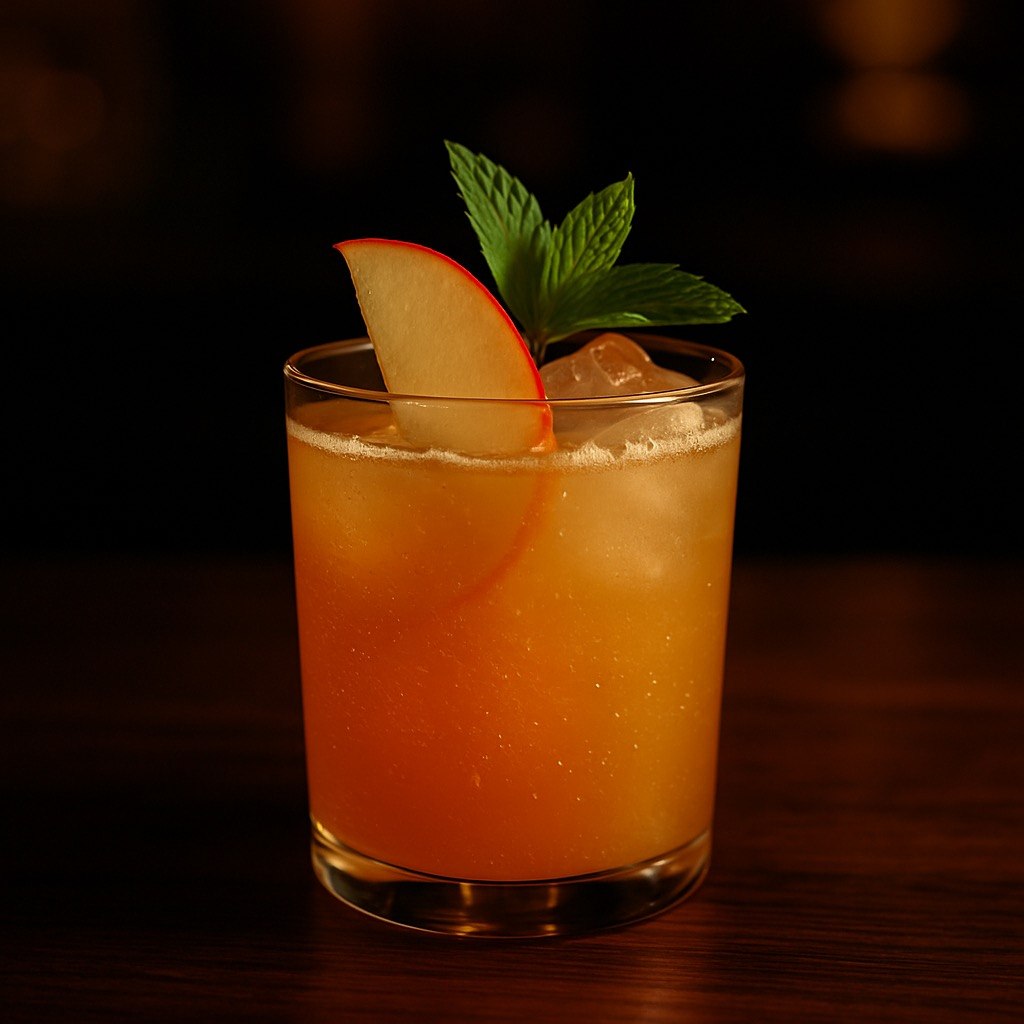 Golden apple ginger kombucha mocktail over ice in a short rocks glass with an apple slice and mint garnish on a dark wooden bar.