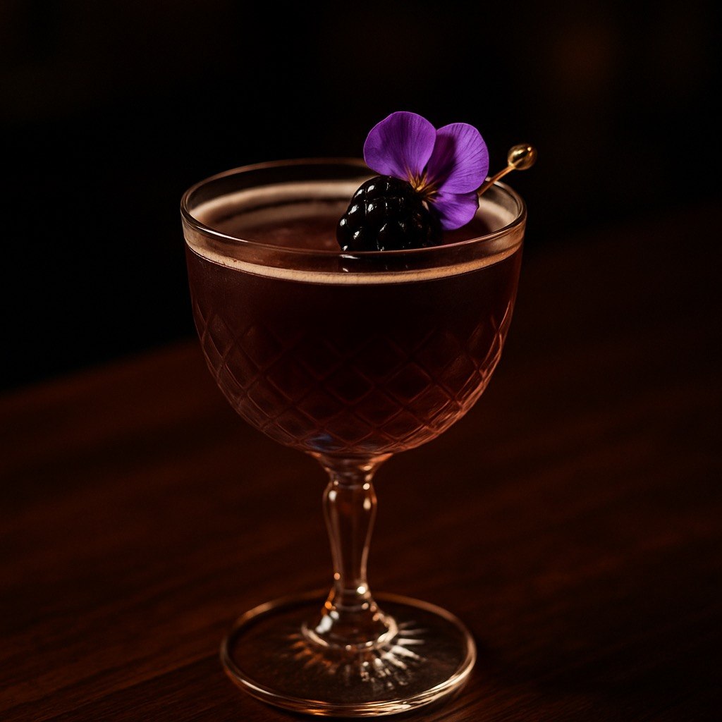 Midnight Orchid cocktail in a vintage coupe-style glass with a deep blackberry-purple color, blackberry garnish, and purple edible flower on a dark moody bar