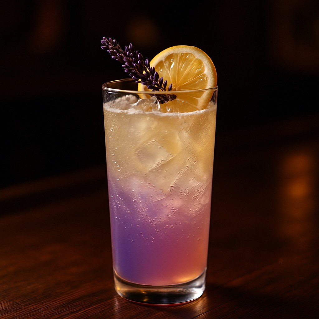 Lavender Lemonade Fizz mocktail in a tall Collins glass over ice with golden lemonade and lavender-purple tones, garnished with a lemon wheel and fresh lavender sprig on a dark wooden bar