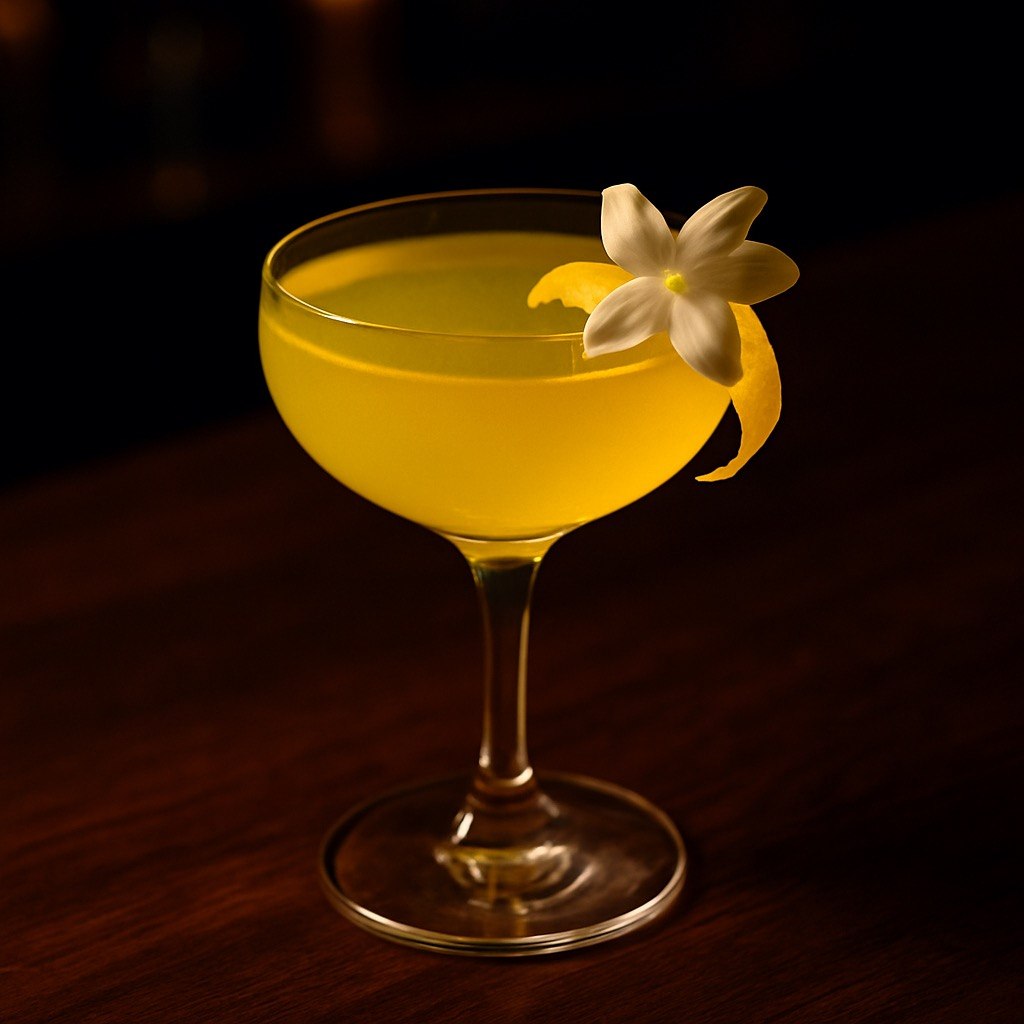 Sunlit Blossom Martini in a coupe-style martini glass, golden yellow with a white edible flower and lemon twist garnish on a dark wooden bar