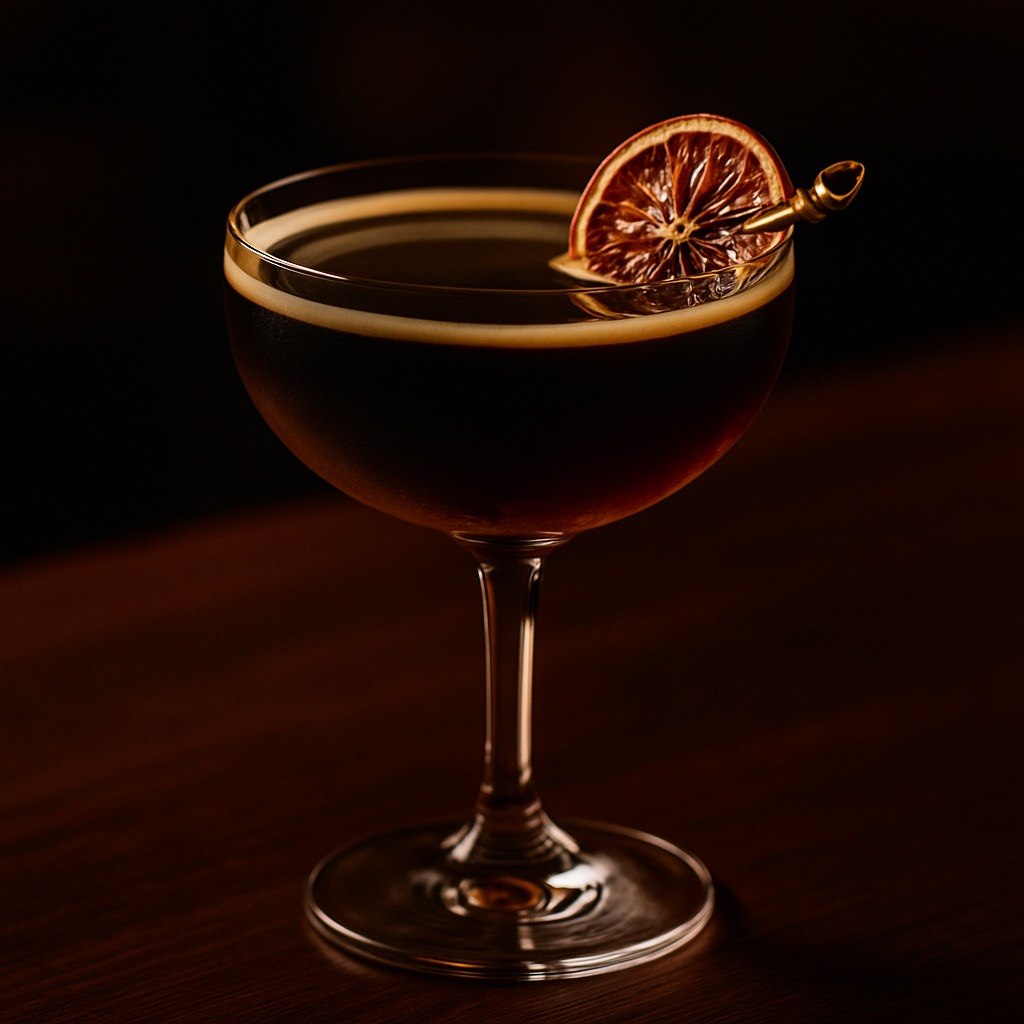 A dark mahogany smoked plum bourbon cocktail in a stemmed coupe glass, garnished with a dried citrus wheel on a gold pick against warm moody bar lighting.