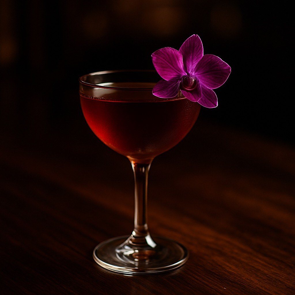 A dark ruby smoked tea gin cocktail in a stemmed coupe glass, garnished with a vivid purple orchid flower against moody bar lighting.