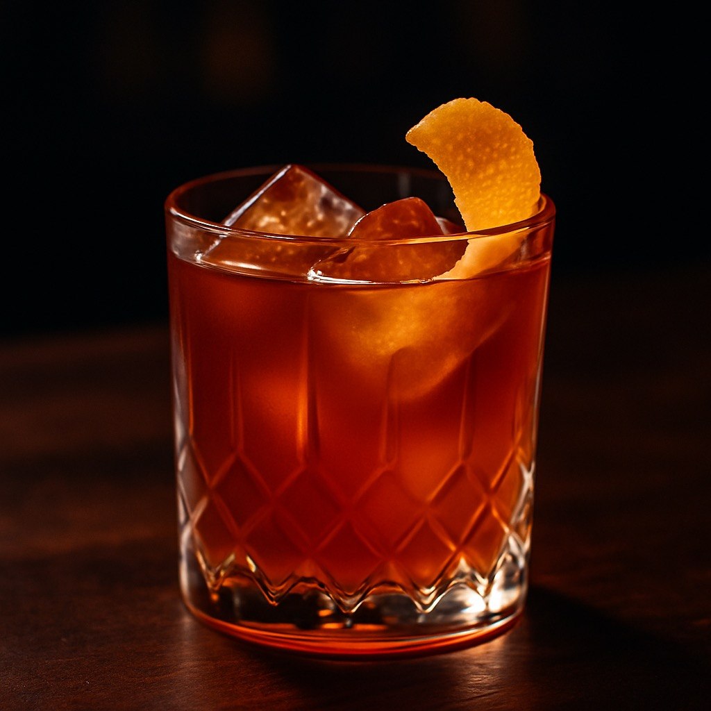 Amber Seedlip chamomile honey-ginger mocktail in a cut rocks glass over ice with a bright citrus peel garnish on a dark bar background.