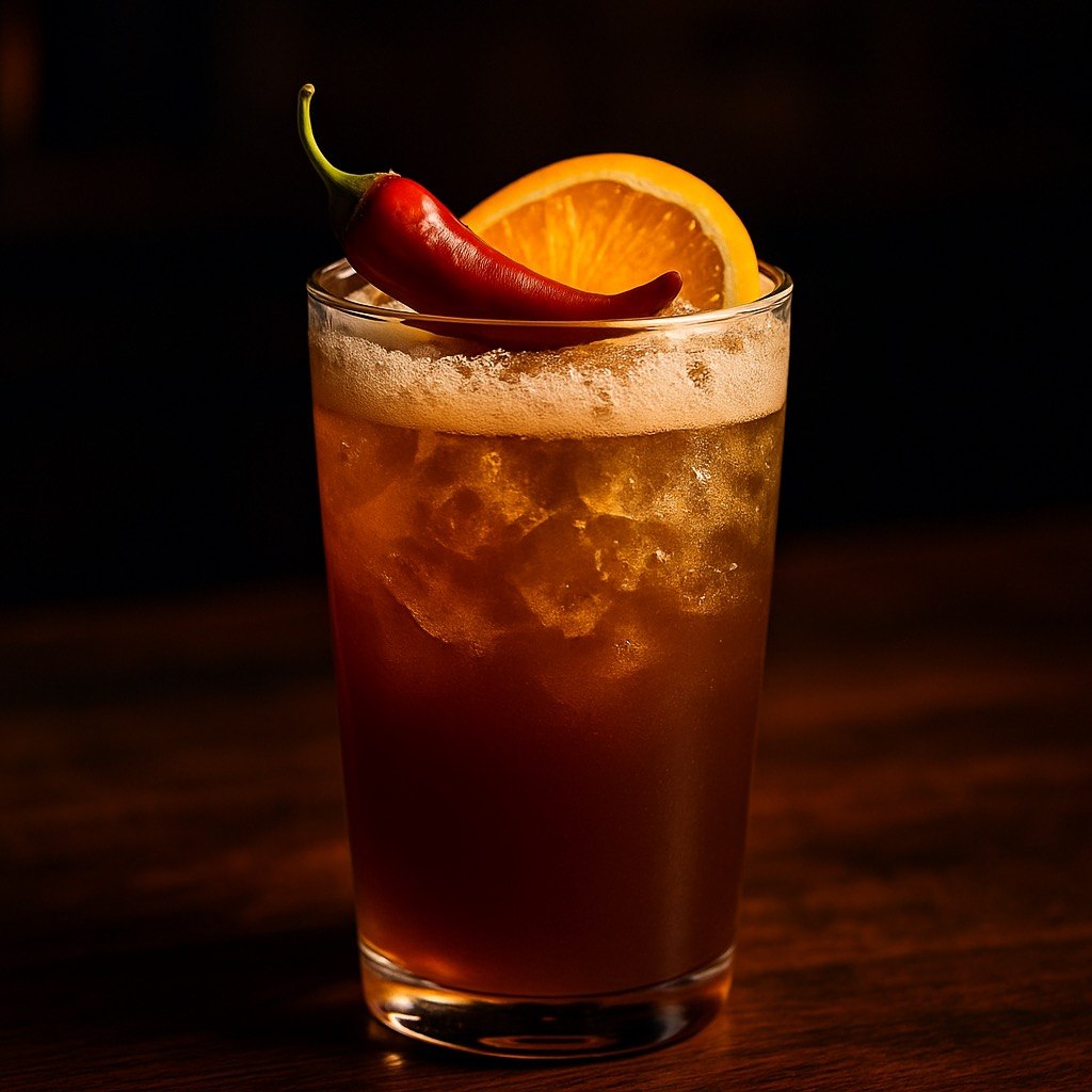 Amber spiced chai mocktail over ice in a rocks glass, garnished with an orange wheel and red chili on a dark wood bar.