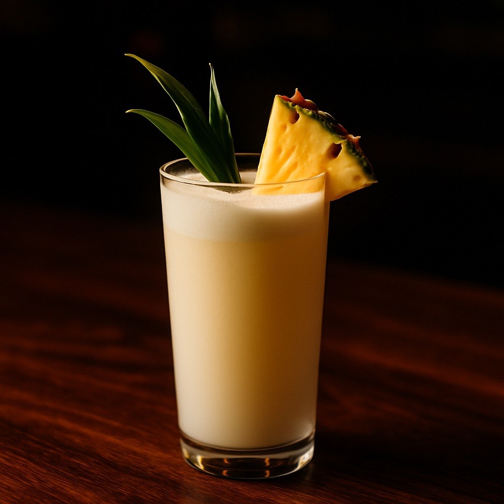 Creamy pale yellow pineapple coconut mocktail in a tall glass with a frothy top, pineapple wedge, and pineapple leaf garnish on a dark bar background.