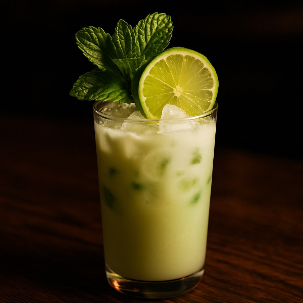 Tropical Breeze coconut lime mint mocktail in a tall highball glass over crushed ice, pale green and creamy with fresh mint leaves and a lime wheel on a dark wooden bar