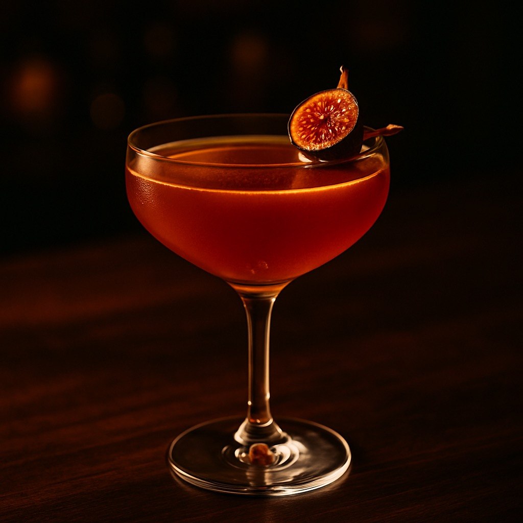 Velvet Ember bourbon fig cocktail in a coupe glass with a deep amber red color and a charred fig slice garnish on a dark moody bar backdrop