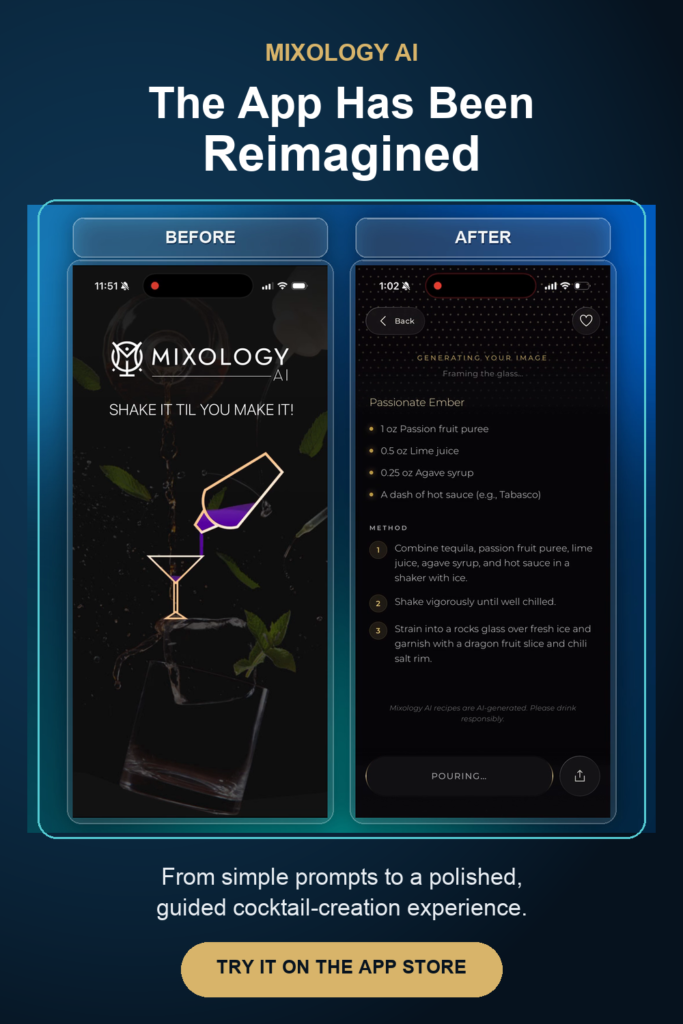 Before-and-after comparison of the redesigned Mixology AI cocktail creation app interface