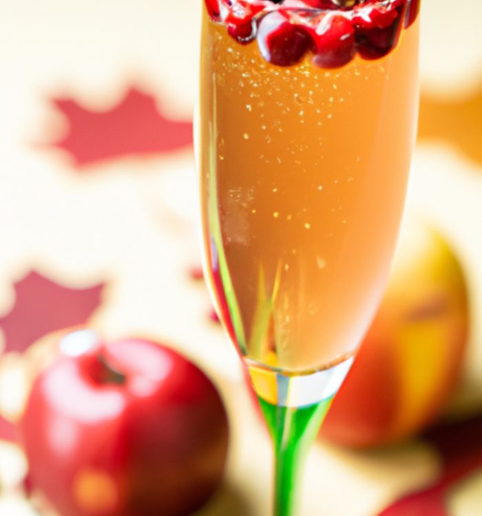 The Autumn Harvest Mimosa blends apple cider, cranberry juice, and champagne for a festive fall drink. Recipe on Mixology AI.