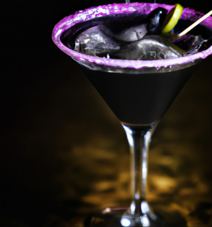 The Black Magic Martini is a bewitching Halloween cocktail made with black vodka, blackberry liqueur, and black sugar. Recipe on Mixology AI.