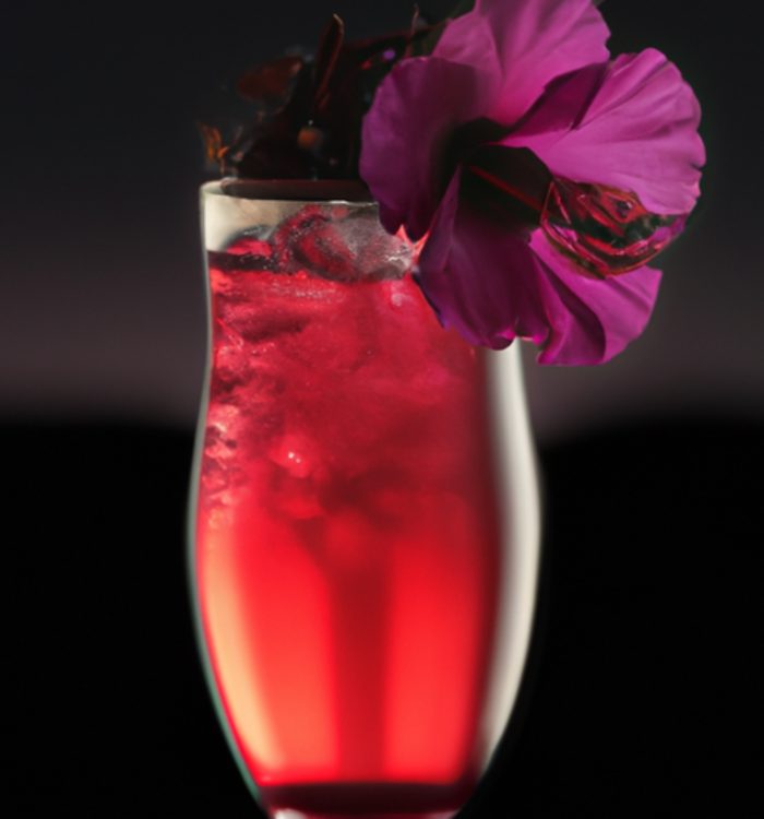 The Hibiscus Sunset cocktail is a vibrant and floral blend of vodka, elderflower, and hibiscus syrup. Get the full recipe on Mixology AI.